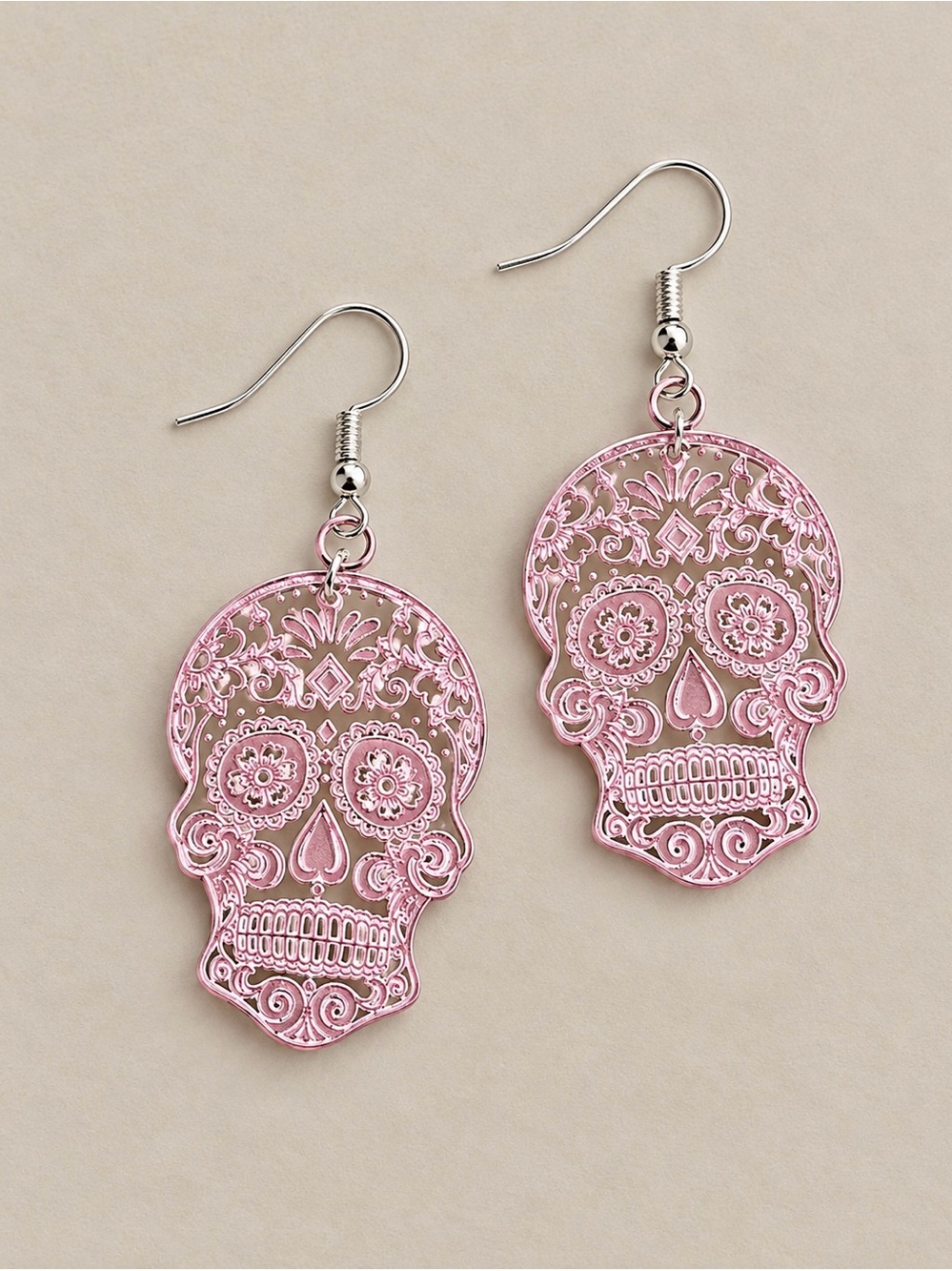 Pink & Silver Mirrored Sugar Skull Etched Dangle Earrings - Women Jewelry